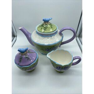 Home Interior Wisteria Collection w/ Bluebird Teapot, Sugar Bowl, Creamer EUC